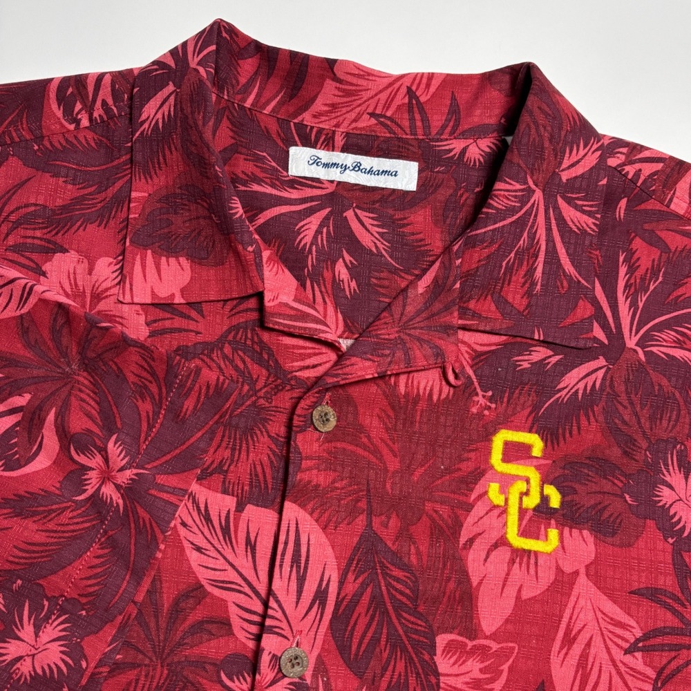 USC Trojans Tommy Bahama Men M button‎ Up Shirt Red Tropical Floral Print Aloha